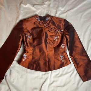 Embroidered Brown Silk Taffeta Qipao style shirt